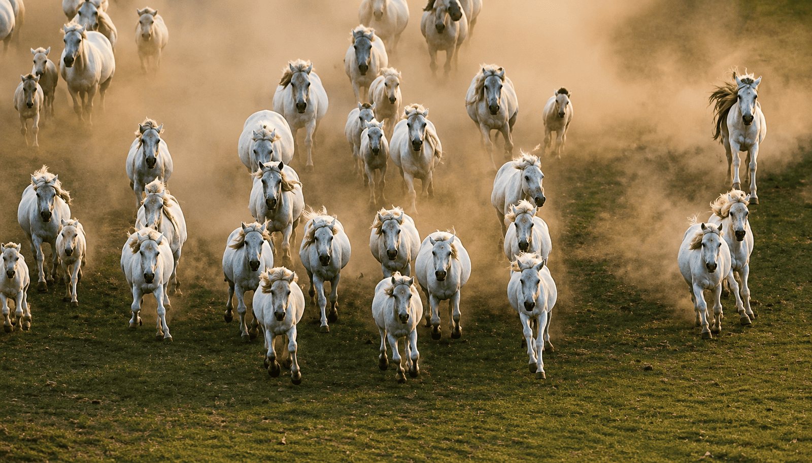 Horses running in wild dust