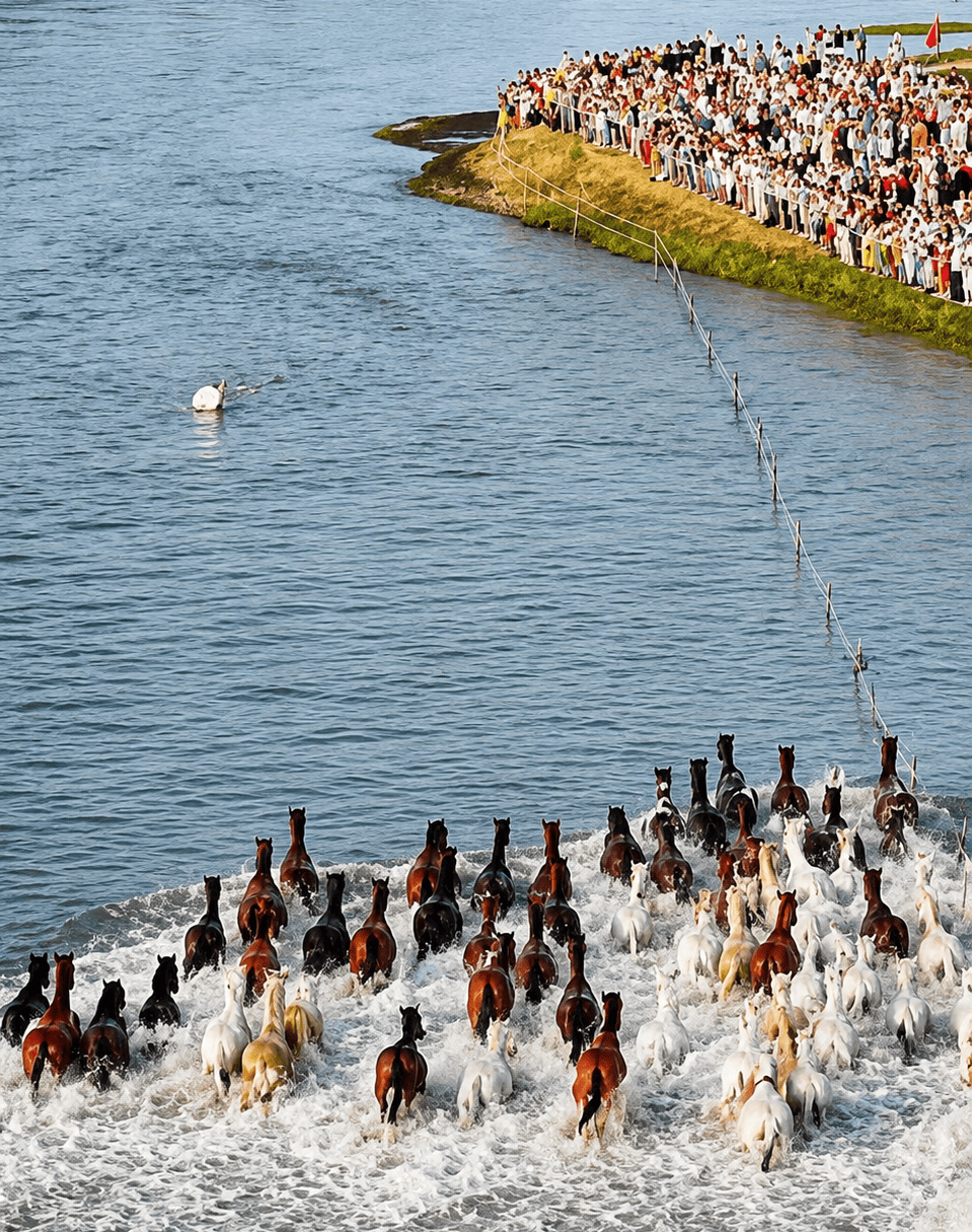 Horses rushing into river